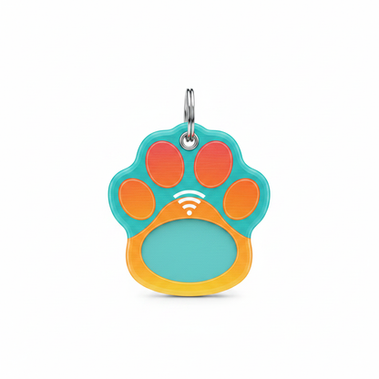 Colorful paw-print NFC pet ID tag with metal ring on a white background