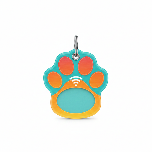 Colorful paw-print NFC pet ID tag with metal ring on a white background