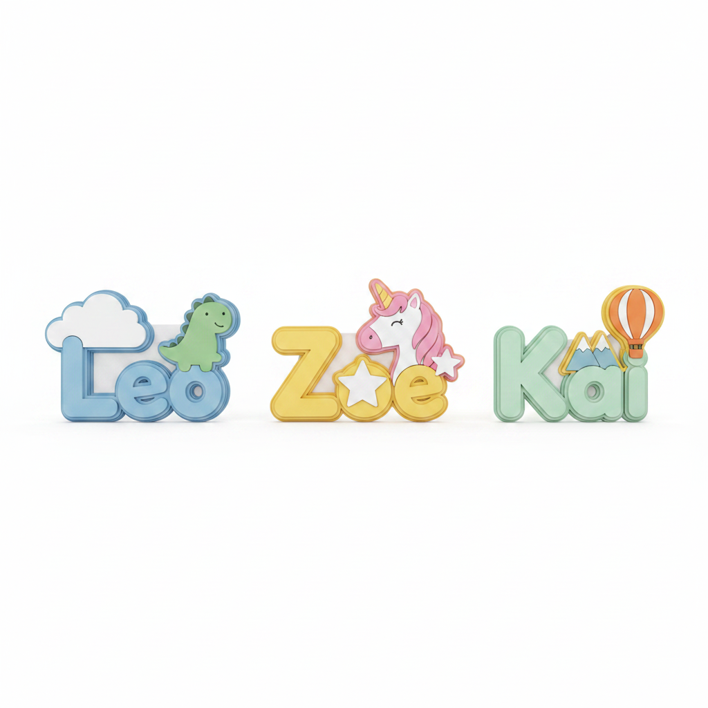 Colorful personalized nursery name sign STL designs on a white background