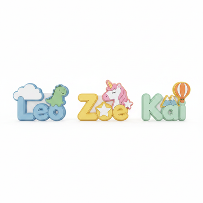 Colorful personalized nursery name sign STL designs on a white background