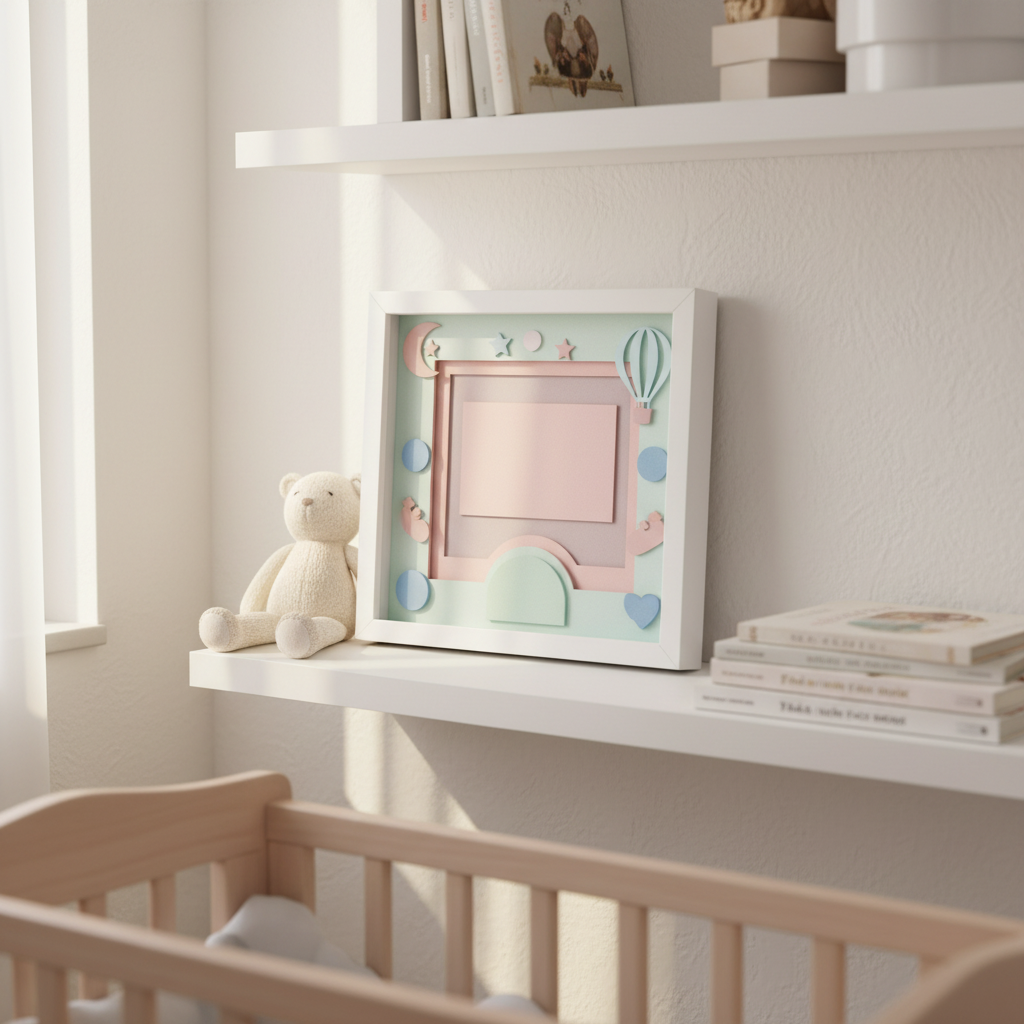 Baby birth announcement frame design displayed on a nursery shelf