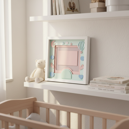 Baby birth announcement frame design displayed on a nursery shelf