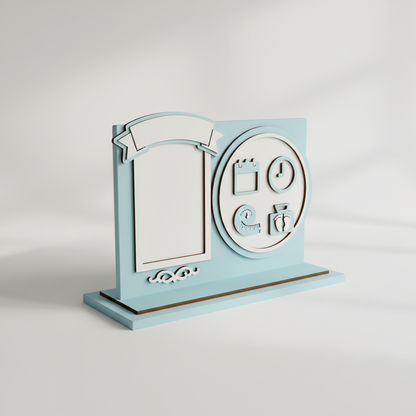 Pastel personalized newborn keepsake display shown at a three-quarter angle