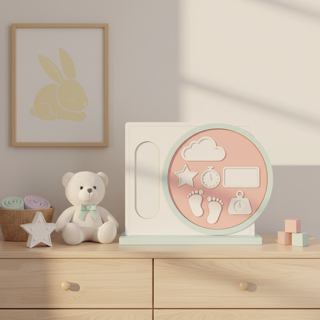 Welcome-baby keepsake display styled on a nursery dresser