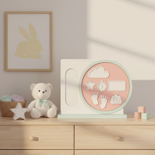 Welcome-baby keepsake display styled on a nursery dresser